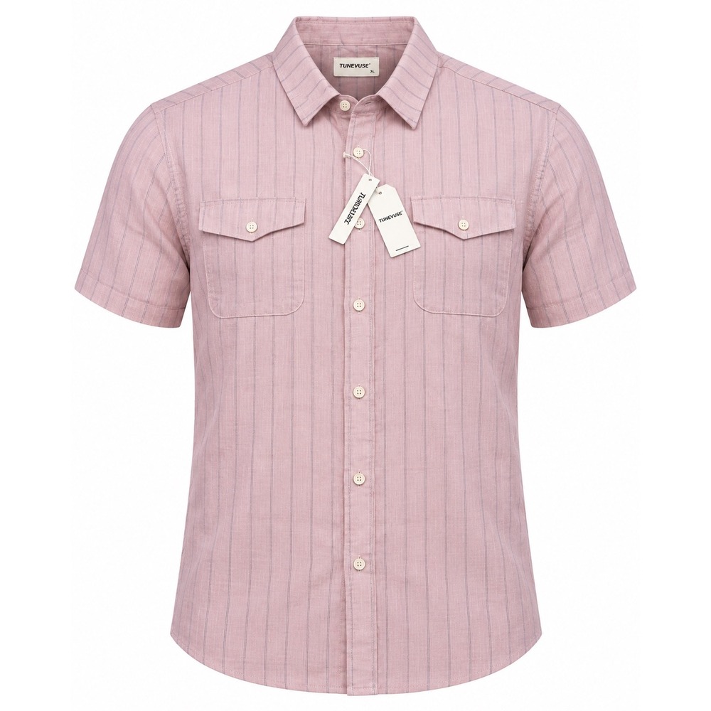 Tunevuse Mens 3XL Pink Pinstripe Short Sleeve Linen Blend Button Down Shirt NWT